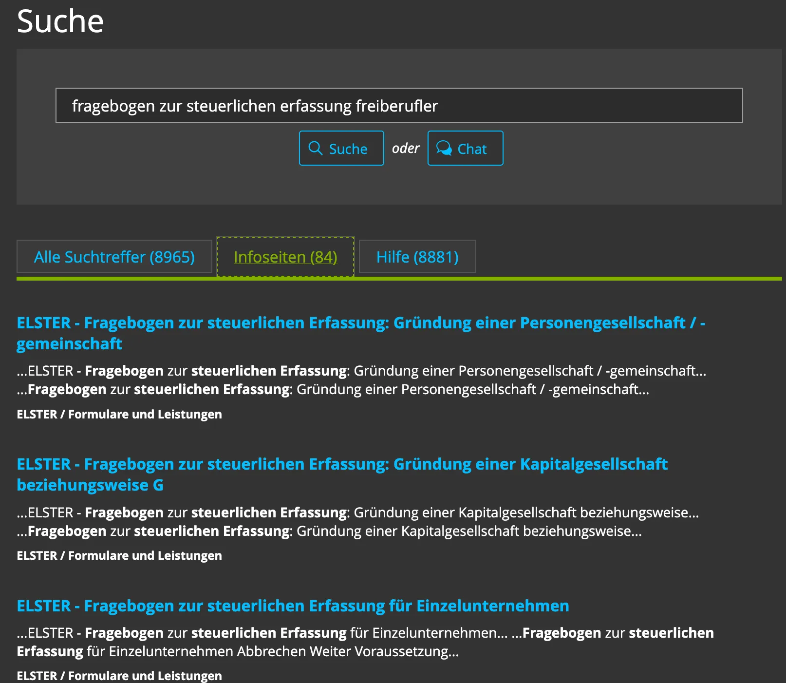 ELSTER-Suchergebnisse mit drei Varianten des Fragebogens zur steuerlichen Erfassung: Personengesellschaft, Kapitalgesellschaft und Einzelunternehmen
