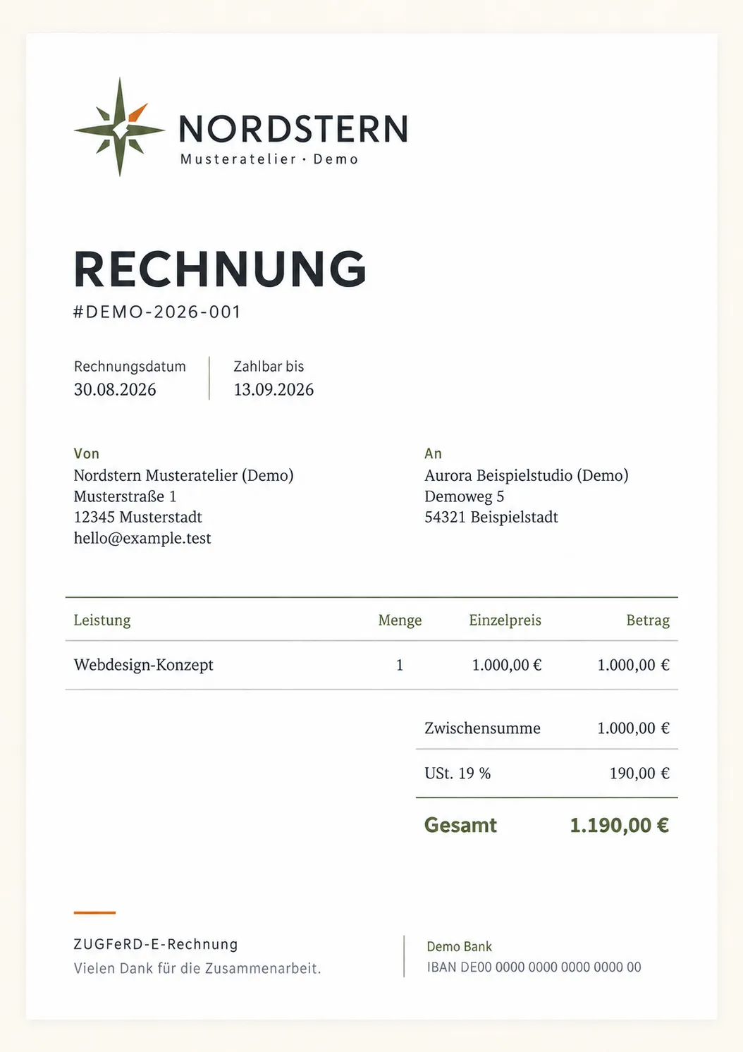 Professionell gestaltete Beispielrechnung mit einem fiktiven Nordstern-Logo und fiktiven Demodaten