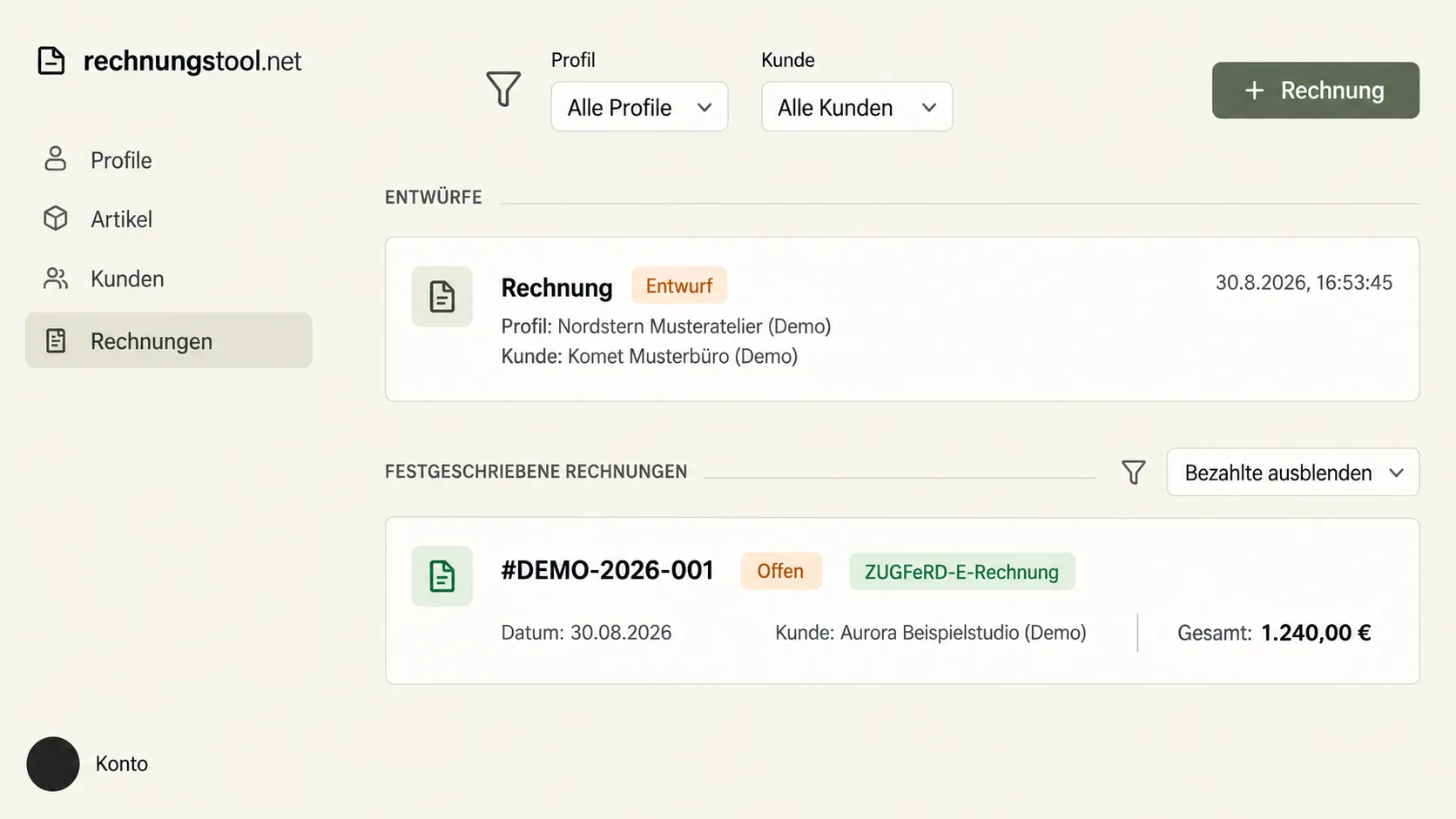 Vereinfachte Rechnungstool.net Übersicht mit einer fiktiven Entwurfsrechnung und einer festgeschriebenen Rechnung